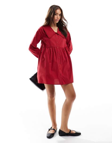 ASOS DESIGN - Rød oversized smock-minikjole i poplin - view 1