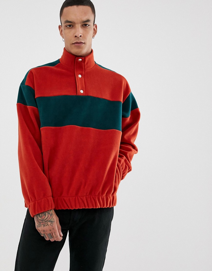 ASOS DESIGN - Rød oversized sweatshirt i polar-fleece med trykknapper i halsen og farveblokke
