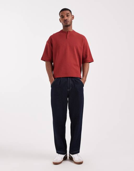 ASOS DESIGN - Rød oversized T-shirt med henley-hals og vaffeltekstur i firkantet pasform, 2 af 5