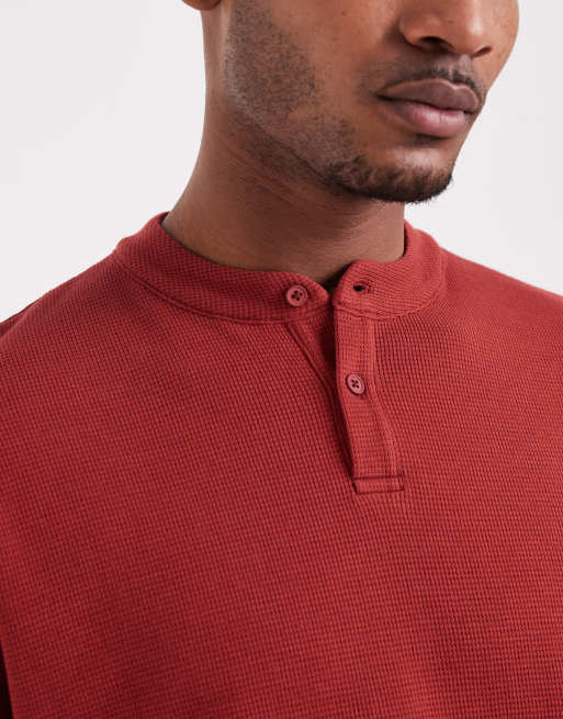 ASOS DESIGN - Rød oversized T-shirt med henley-hals og vaffeltekstur i firkantet pasform, 3 af 5