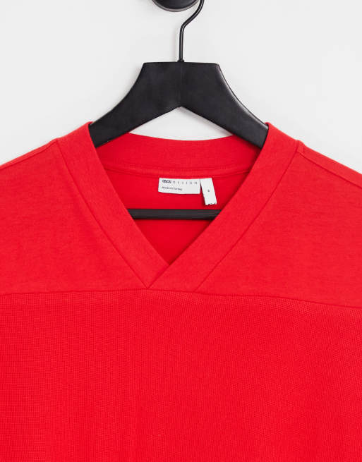 ASOS DESIGN - Rød oversized T-shirt med V-hals sammensyede paneler, 4 af 4