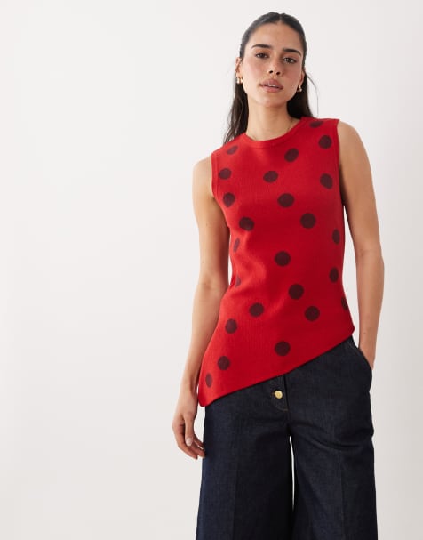 ASOS DESIGN - Rød polkaprikket top i strik med indsyet talje og asymmetrisk snit - view 1