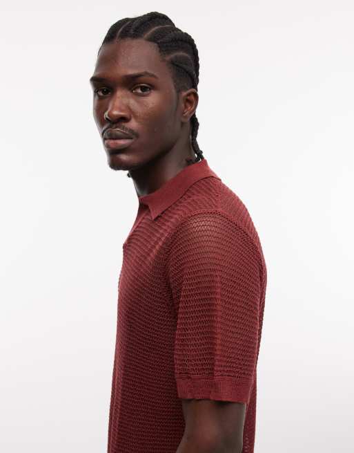ASOS DESIGN - Rød polo med hak i kraven i strikket mesh, 4 af 5