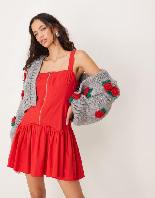 ASOS DESIGN - Rød smock-minikjole med korsetkant og lynlås foran i twill