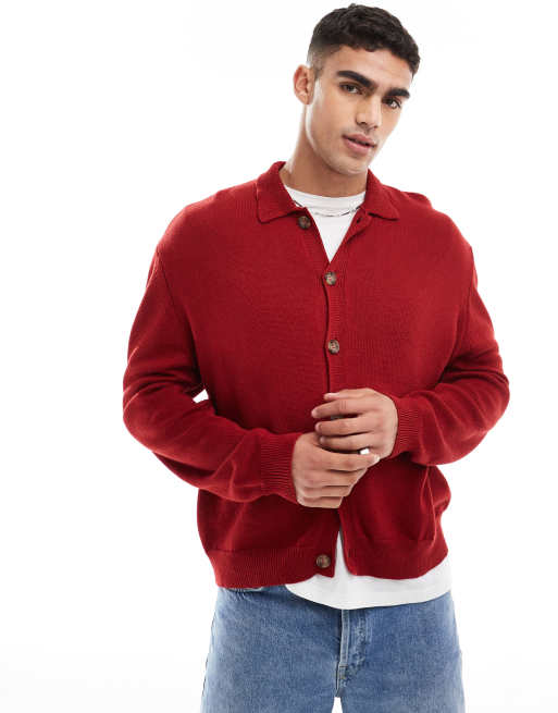 ASOS DESIGN - Rød-strikket cardigan i bomuldsblanding med krave
