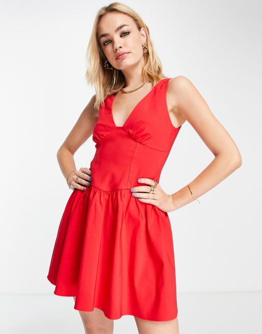 ASOS DESIGN - Rød struktureret minikjole med skaternederdel og synlige syninger