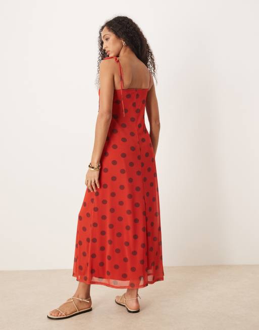 ASOS DESIGN - Rød tea-midikjole med cami-stropper og polkaprikker, 3 af 4