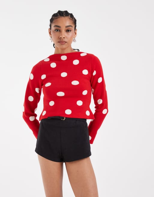 ASOS DESIGN - Rød top i fin strik med polkaprikker og bred halsudskæring, 3 af 4