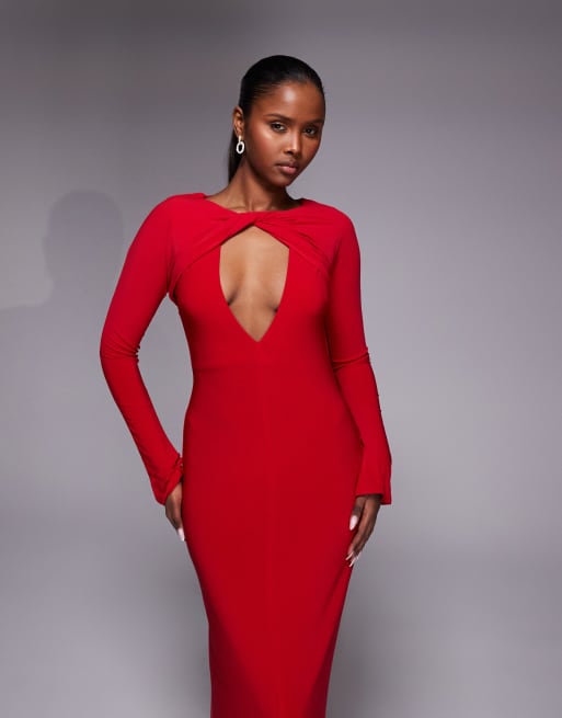 ASOS DESIGN - Rød tætsiddende og langærmet maxikjole med dyb udskæring og snoet detalje, 3 af 4