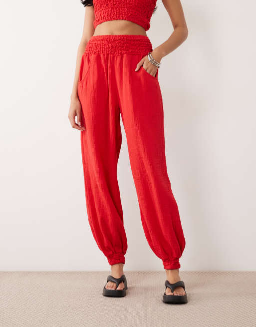 ASOS DESIGN - Røde ballonbukser med rynket talje i ostelærred, 2 af 5