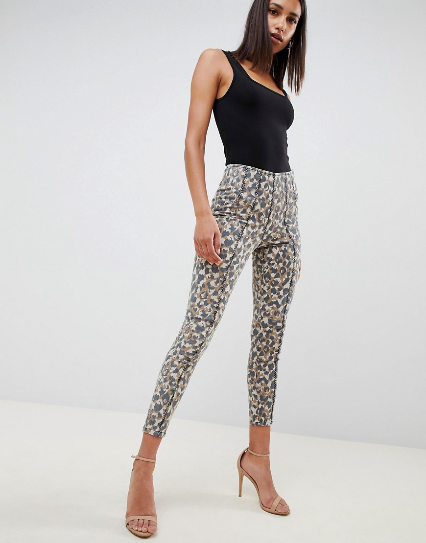 ASOS DESIGN - Rdiley - Skinny jeans med hög midja i leopardmönster och korslagda sömmar-Flerfärgad