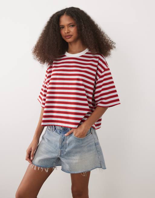 ASOS DESIGN - Rødstribet croptop med firkantet pasform og kantbånd i kontrastfarve, 2 af 4
