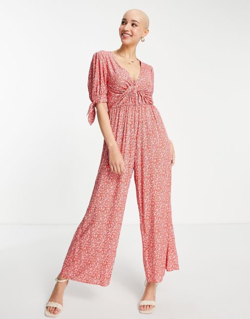 ASOS DESIGN - Rødt jumpsuit med snoning foran og bindebånd på ærmerne i blomstermønster 