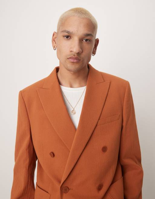 ASOS DESIGN – Rdzawa dwurzędowa marynarka garniturowa o dopasowanym kroju o gniecionej fakturze