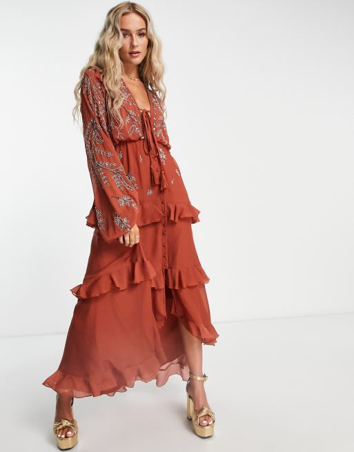 ASOS DESIGN – Rdzawa miękka sukienka maxi w kwiatowy wzór zapinana na guziki