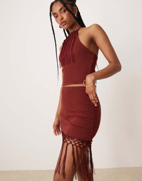 ASOS DESIGN co-ord fringed hem mini skirt in rust