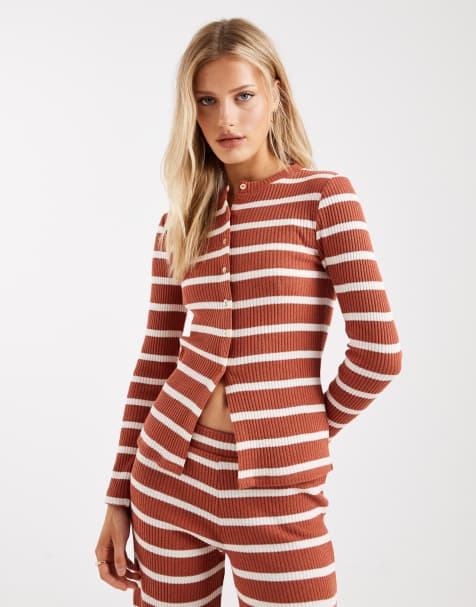 ASOS DESIGN – Rdzawo-biały prążkowany kardigan z długimi rękawami w paski, część zestawu - view 1