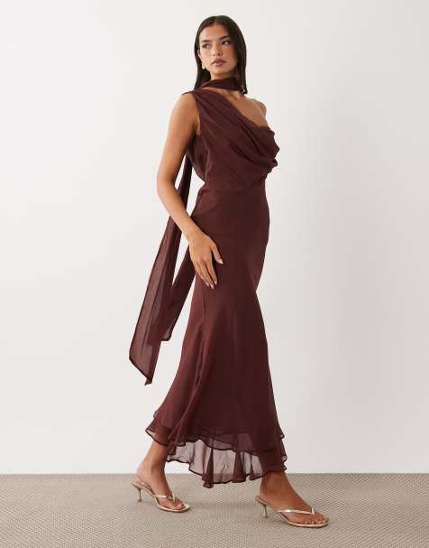 ASOS DESIGN – Rdzawobrązowa dwuwarstwowa sukienka maxi z odsłoniętymi ramionami i drapowaniem - view 1