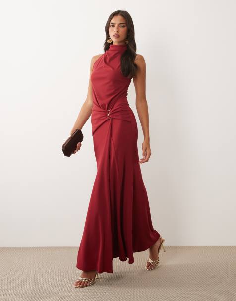 ASOS DESIGN – Rdzawoczerwona drapowana sukienka maxi z zabudowanym dekoltem i ozdobnym wykończeniem - view 1