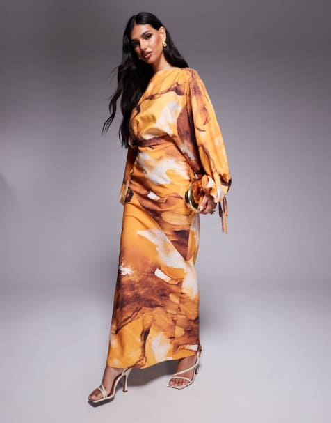 ASOS DESIGN blouson sleeve tucked maxi dress with tie detail in rust oversized floral