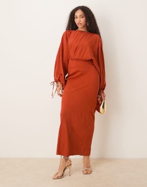 ASOS DESIGN – Rdzawoczerwona sukienka maxi z zakładką, wiązaniem i obszernymi rękawami z obcisłym mankietem - view 1