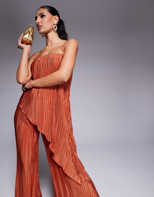 ASOS DESIGN – Rdzawoczerwony plisowany kombinezon z dekoltem bandeau i szerokimi nogawkami, 3 z 4