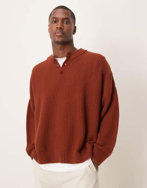 ASOS DESIGN – Rdzawoczerwony pudełkowy sweter super oversize z dekoltem henley