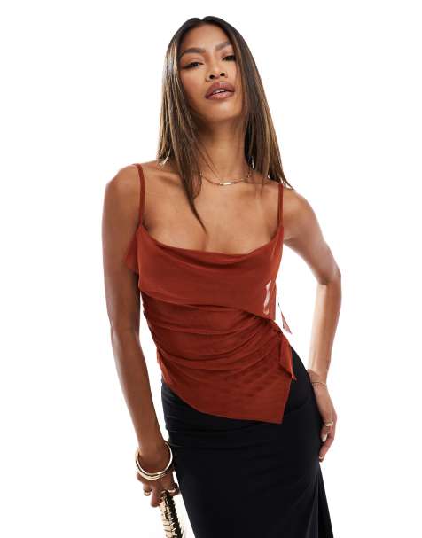 ASOS DESIGN floaty sheer mesh cowl front cami top in rust