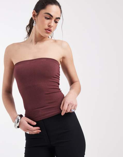 ASOS DESIGN – Rdzawy prążkowany top bezszwowy z dekoltem bandeau - view 1