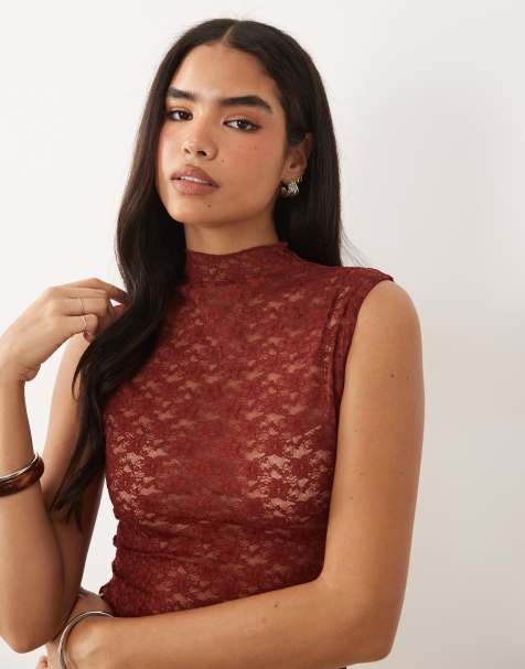 ASOS DESIGN – Rdzawy prześwitujący koronkowy top bez rękawów o wydłużonym fasonie - view 1