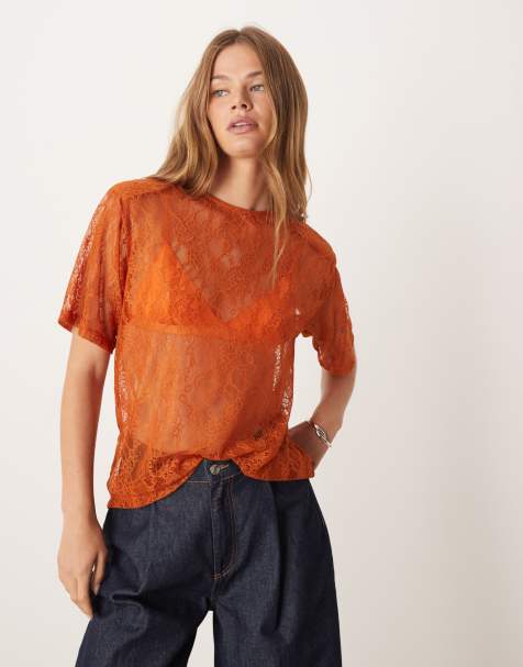 ASOS DESIGN lace boxy sheer tee with shoulder pads in rust