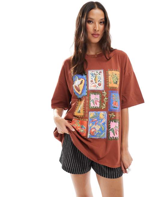 ASOS DESIGN – Rdzawy T-shirt oversize z grafiką kafelków imitujących pastele olejne