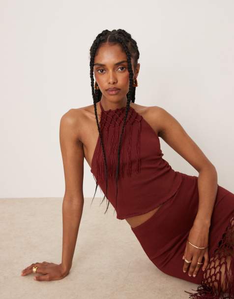 ASOS DESIGN – Rdzawy top z dekoltem typu halter i frędzlami, część zestawu - view 1