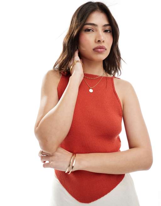 ASOS DESIGN – Rdzawy top z prążkowanej dzianiny z wiązanymi ramiączkami