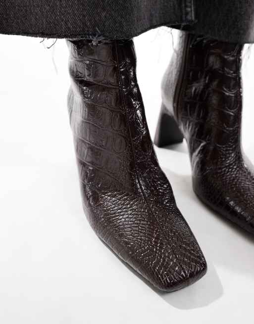 ASOS DESIGN Reach set back mid heel boots in brown croc