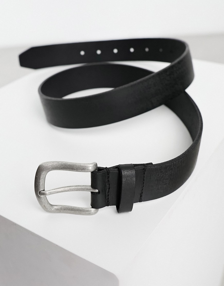 Asos Design Real Leather Belt With Burnished Silver Buckle In Vintage Black-brown