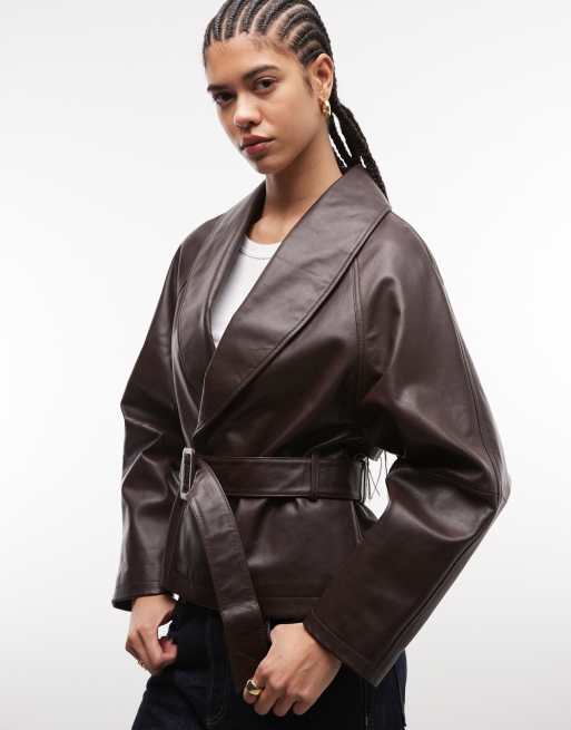ASOS DESIGN real leather belted jacket in burgundy, 3 of 4