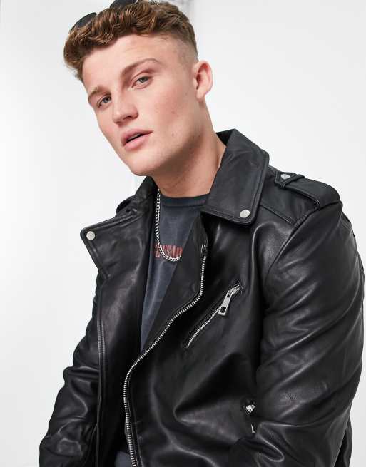 ASOS DESIGN washed premium real leather biker jacket in grey