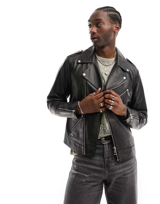 Men's black leather biker jacket