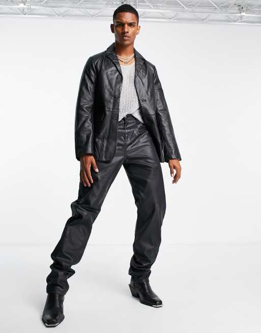 ASOS DESIGN real leather blazer jacket in black, 4 of 4
