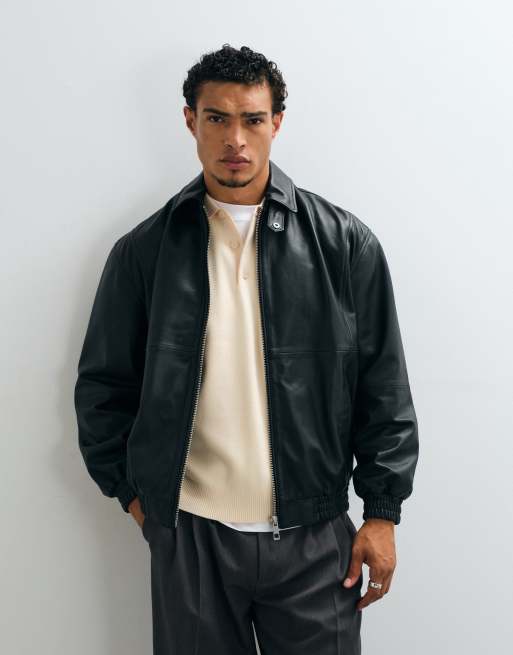 ASOS DESIGN real leather bomber jacket in black, 2 of 5