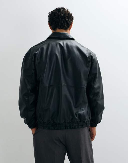 ASOS DESIGN real leather bomber jacket in black, 5 of 5