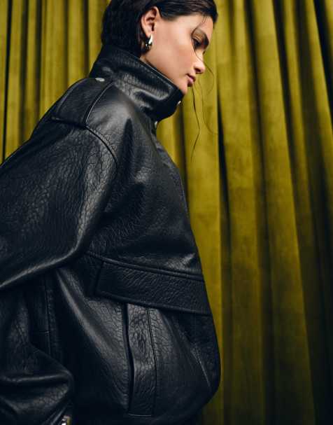 ASOS DESIGN real leather buffalo harrington bomber jacket with quilt liner in black - view 1