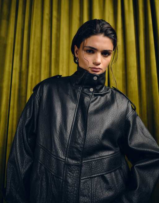 ASOS DESIGN real leather buffalo harrington bomber jacket with quilt liner in black, 3 of 4
