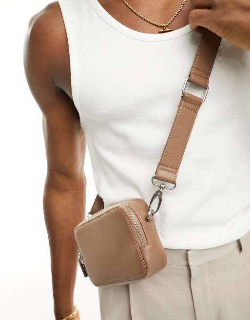 ASOS DESIGN real leather cross body camera bag in brown