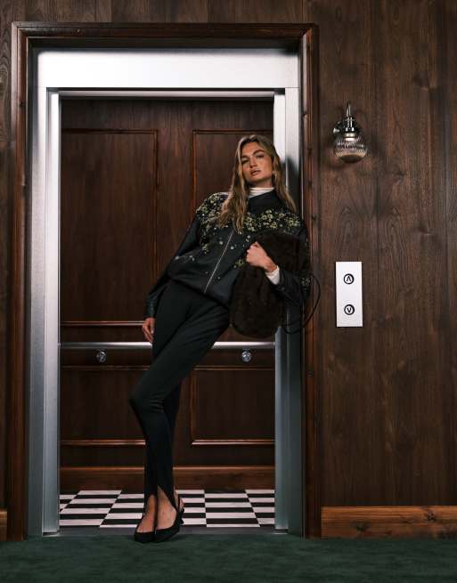 ASOS DESIGN real leather embellished bomber jacket in black