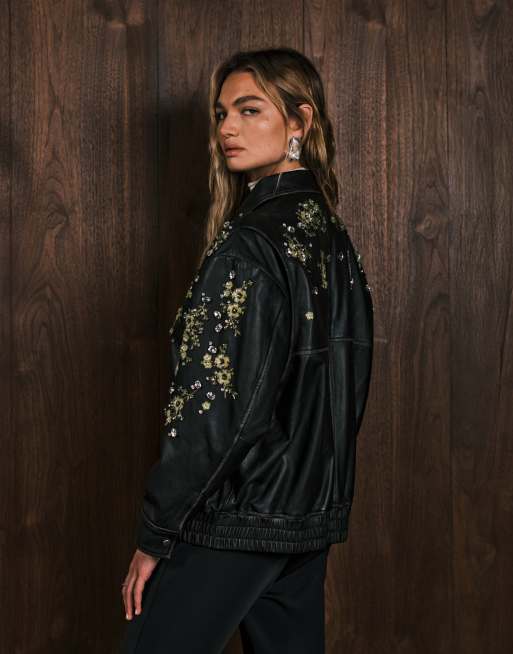 ASOS DESIGN real leather embellished bomber jacket in black