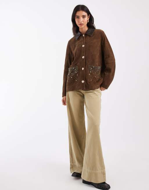 ASOS DESIGN real leather embellished jacket with leather collar in olive, 2 of 4