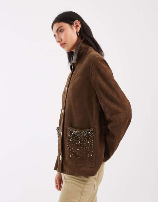 ASOS DESIGN real leather embellished jacket with leather collar in olive, 3 of 4