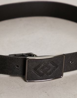Asos Design Real Leather Embossed Buckle Belt In Black